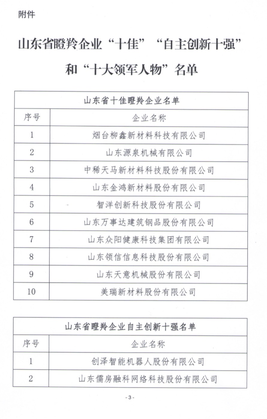 關于公布山東省瞪羚企業(yè)“十佳”“自主 創(chuàng)新十強”和“十大領軍人物”名單的通知