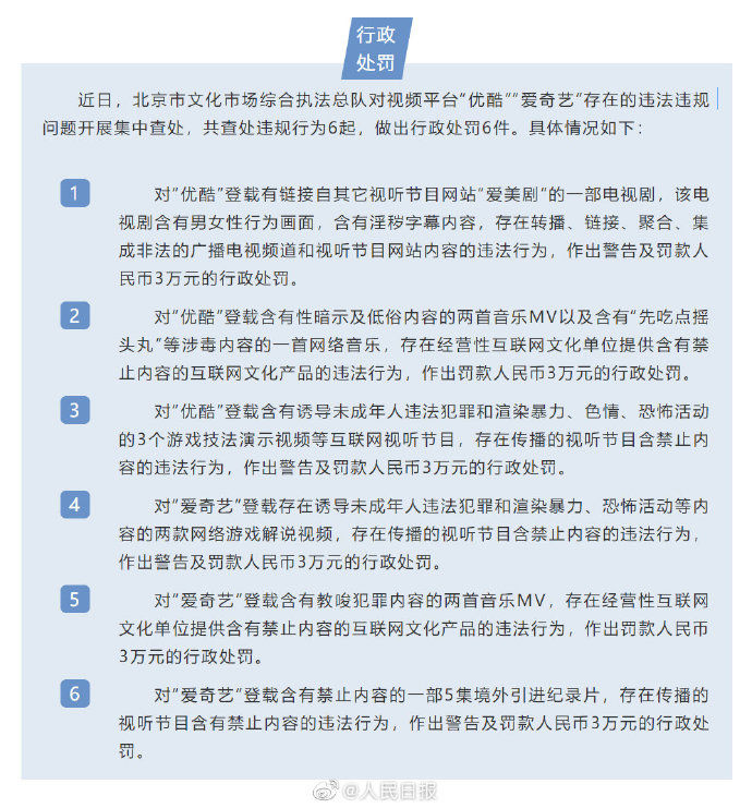 優(yōu)酷、愛(ài)奇藝違法違規(guī)被罰