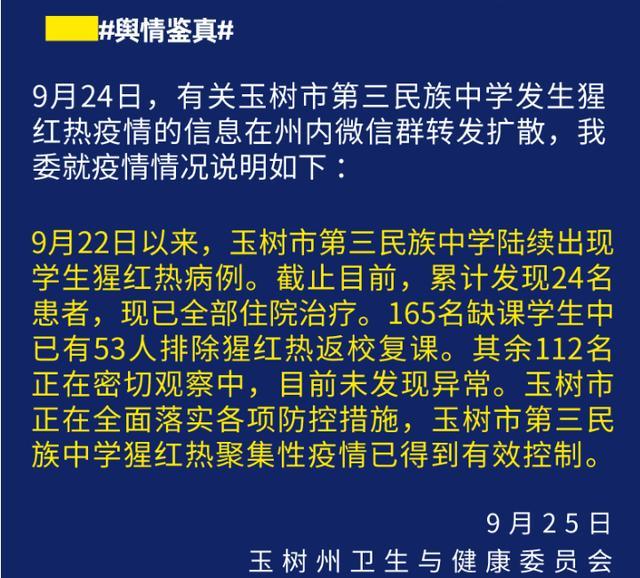 青海玉樹(shù)一學(xué)校發(fā)生猩紅熱聚集性疫情，24名患者已住院治療