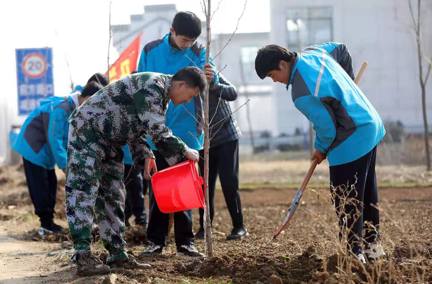 棗莊市臺兒莊馬蘭屯：“迷彩綠”撞上“校服藍”，植樹節(jié)我們在行動