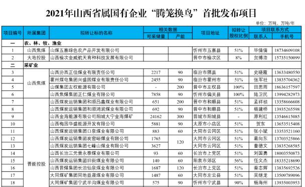 2021年山西省屬國企首批“騰籠換鳥”項(xiàng)目名單公布