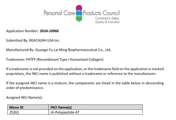 國際化妝品原料目錄增加新成員，福萊明生物創(chuàng)新膠原蛋白FHTFF獲國際INCI命名