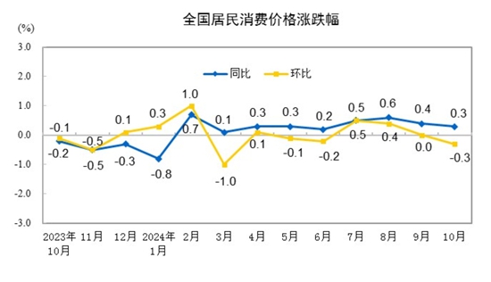 2024年10月份居民消費(fèi)價(jià)格同比上漲0.3%